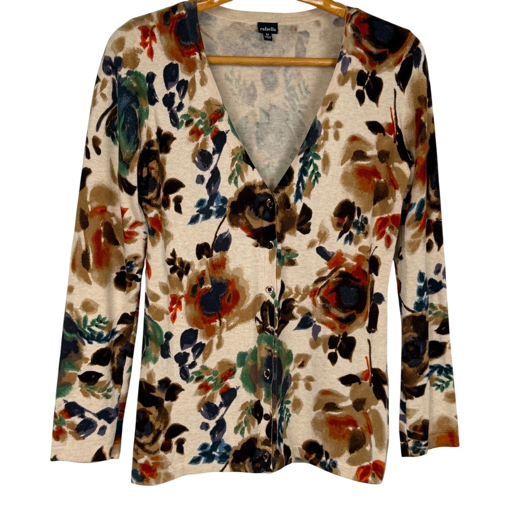 Rafaella Women's M Floral Cardigan Sweater Cotton Watercolor Button Front